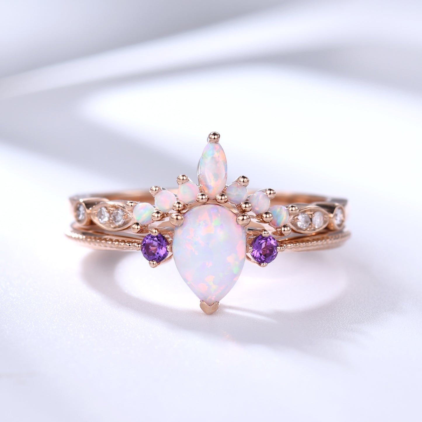 Unique Pear Opal Engagement Ring Set Rose Gold with Amethyst