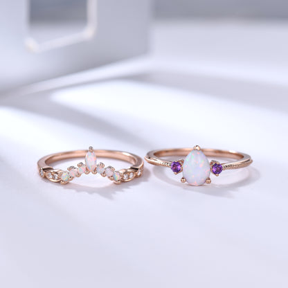 Unique Pear Opal Engagement Ring Set Rose Gold with Amethyst