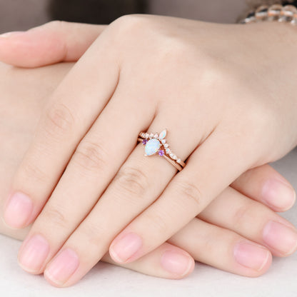 Unique Pear Opal Engagement Ring Set Rose Gold with Amethyst