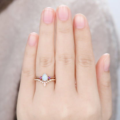 Unique Pear Opal Engagement Ring Set Rose Gold with Amethyst