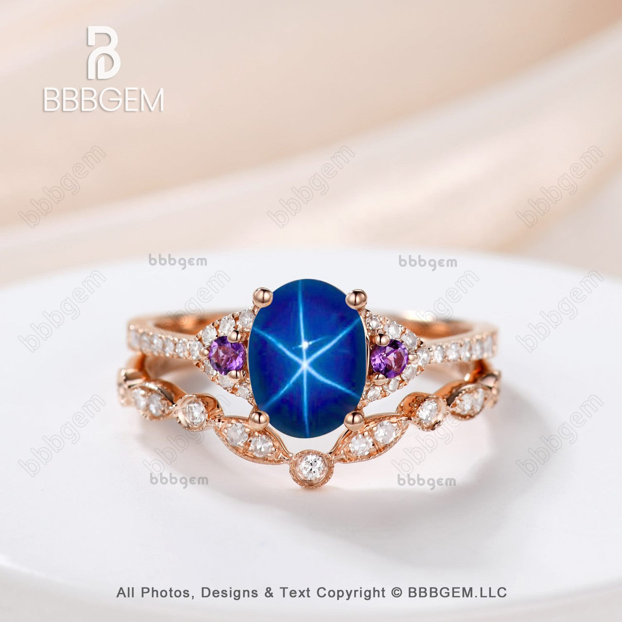 Oval Blue Star Sapphrie Diamond Engagement Ring Rose Gold Art Deco Amethyst Ring-Three Stone Lindy Star Saphhire Ring Set Rose Gold