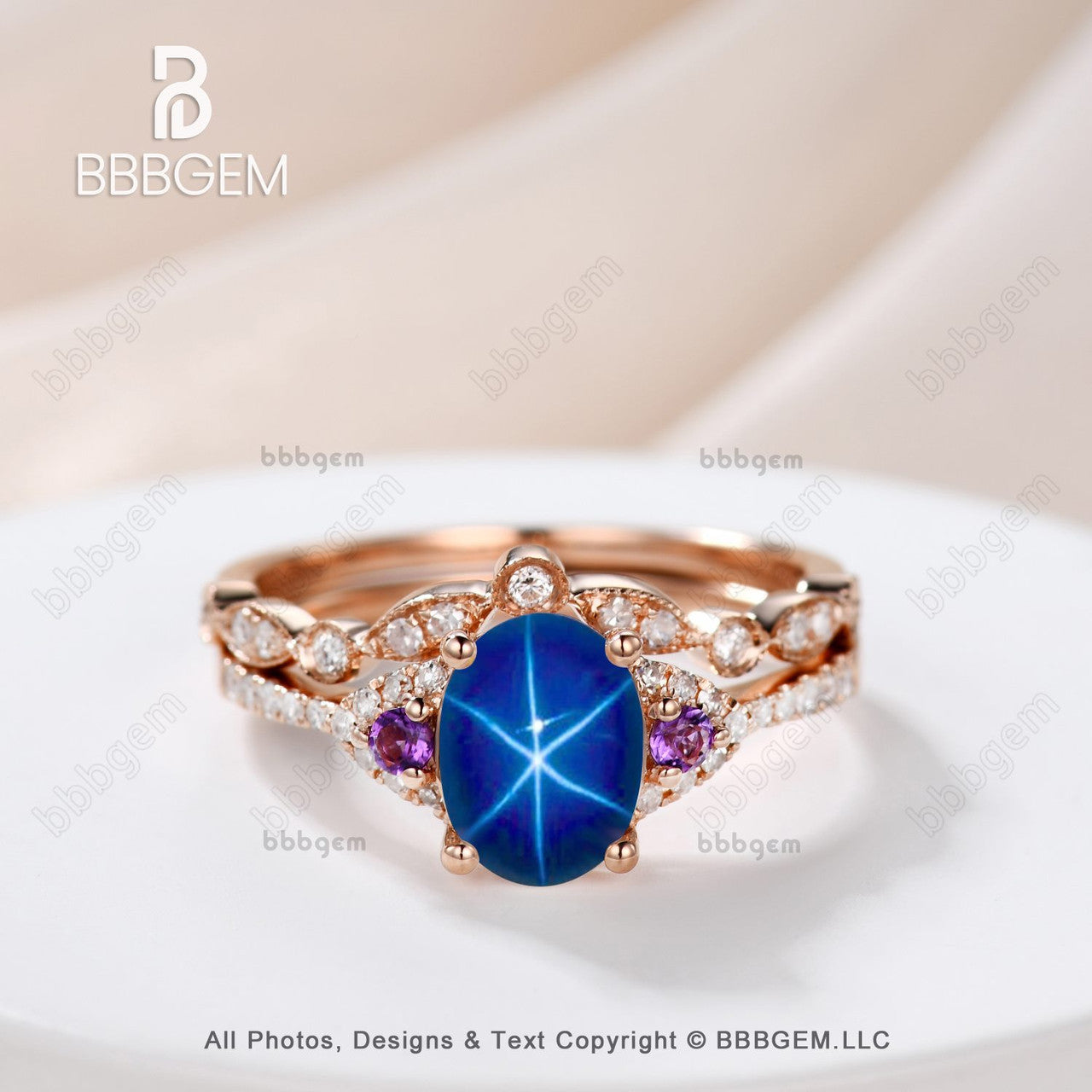 Oval Blue Star Sapphrie Diamond Engagement Ring Rose Gold Art Deco Amethyst Ring-Three Stone Lindy Star Saphhire Ring Set Rose Gold