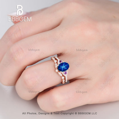 Oval Blue Star Sapphrie Diamond Engagement Ring Rose Gold Art Deco Amethyst Ring-Three Stone Lindy Star Saphhire Ring Set Rose Gold