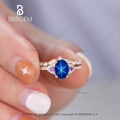 Oval Blue Star Sapphrie Diamond Engagement Ring Rose Gold Art Deco Amethyst Ring-Three Stone Lindy Star Saphhire Ring Set Rose Gold