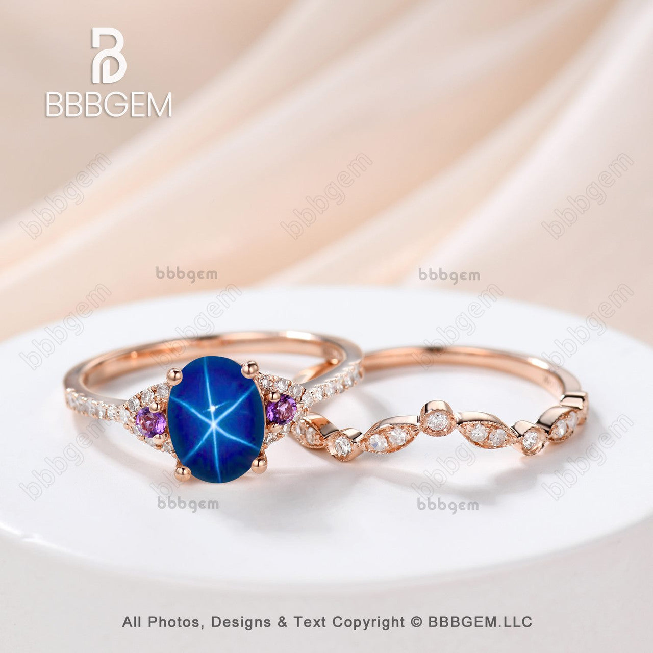 Oval Blue Star Sapphrie Diamond Engagement Ring Rose Gold Art Deco Amethyst Ring-Three Stone Lindy Star Saphhire Ring Set Rose Gold