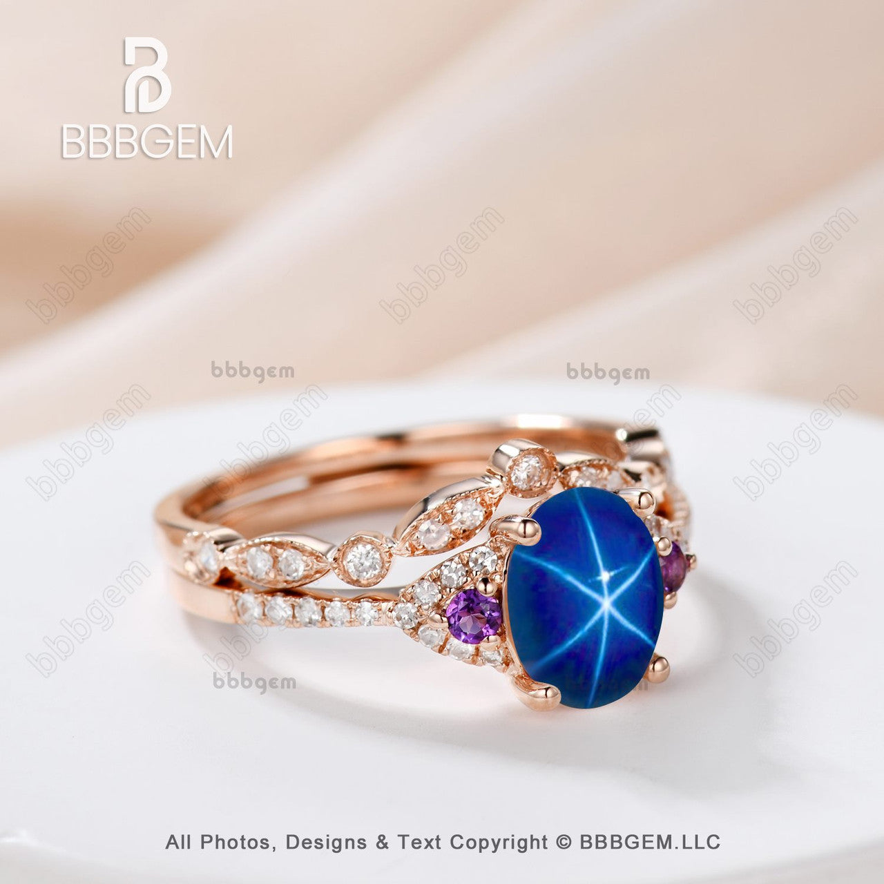 Oval Blue Star Sapphrie Diamond Engagement Ring Rose Gold Art Deco Amethyst Ring-Three Stone Lindy Star Saphhire Ring Set Rose Gold