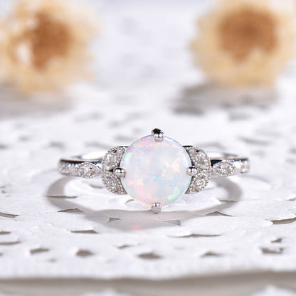 white opal engagement rings-BBBGEM Round White Opal Engagement Ring