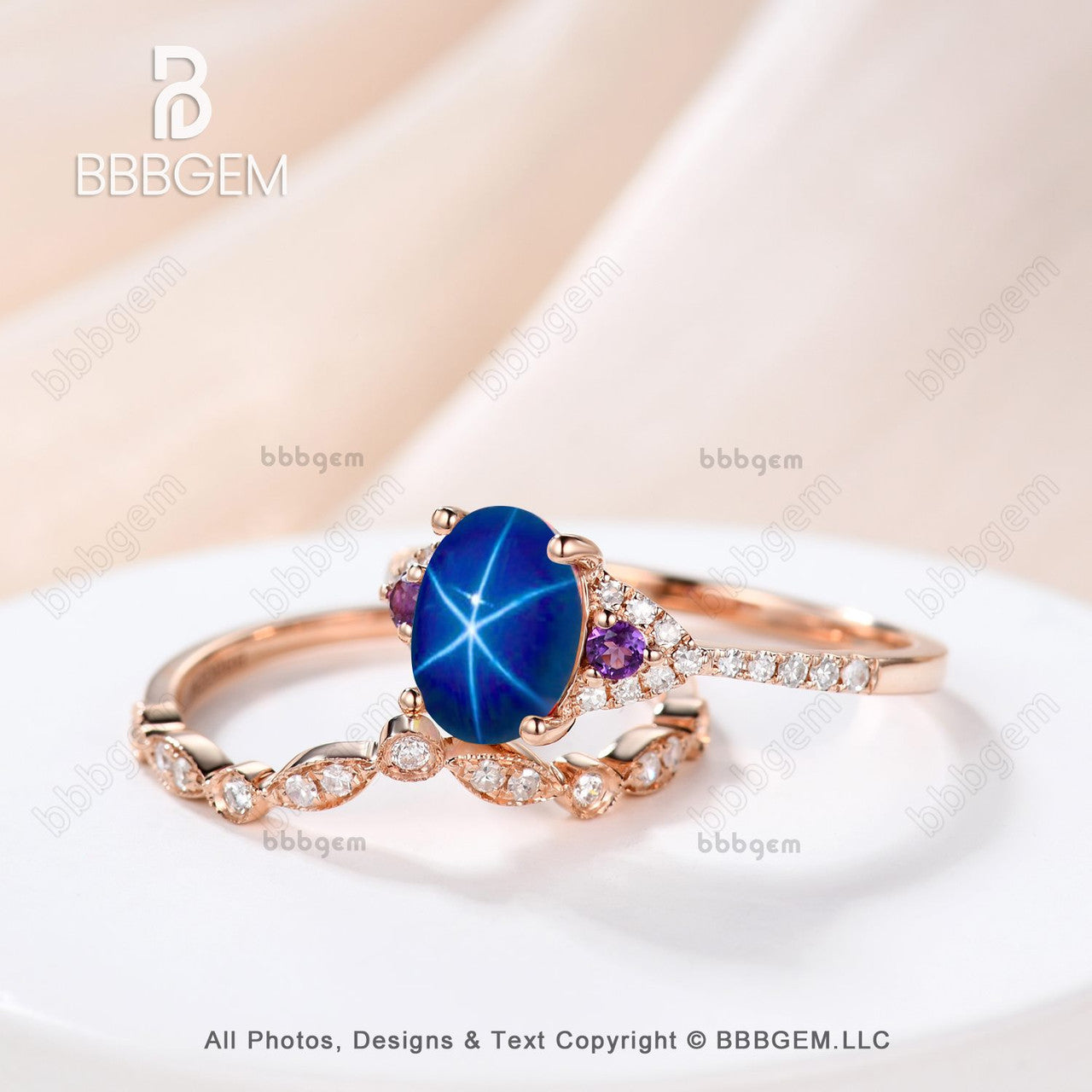 Oval Blue Star Sapphrie Diamond Engagement Ring Rose Gold Art Deco Amethyst Ring-Three Stone Lindy Star Saphhire Ring Set Rose Gold