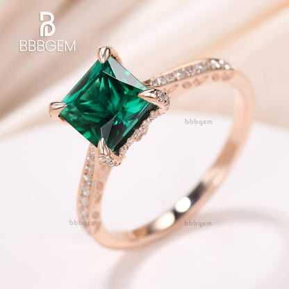 Princess Cut 7mm Lab Emerald Diamond Engagement Ring Tapered Band Filigree Catherdral Ring