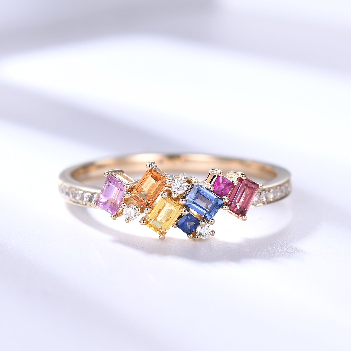 Multi Color Rainbow Cluster Sapphire Diamond Gold Wedding Rings For Women