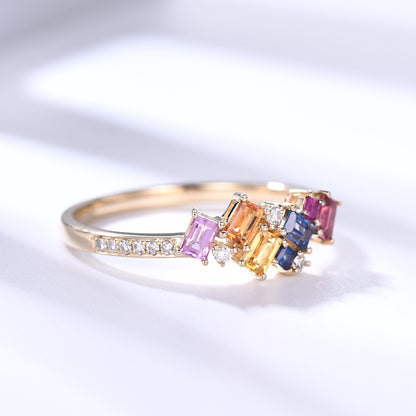 Multi Color Rainbow Cluster Sapphire Diamond Gold Wedding Rings For Women