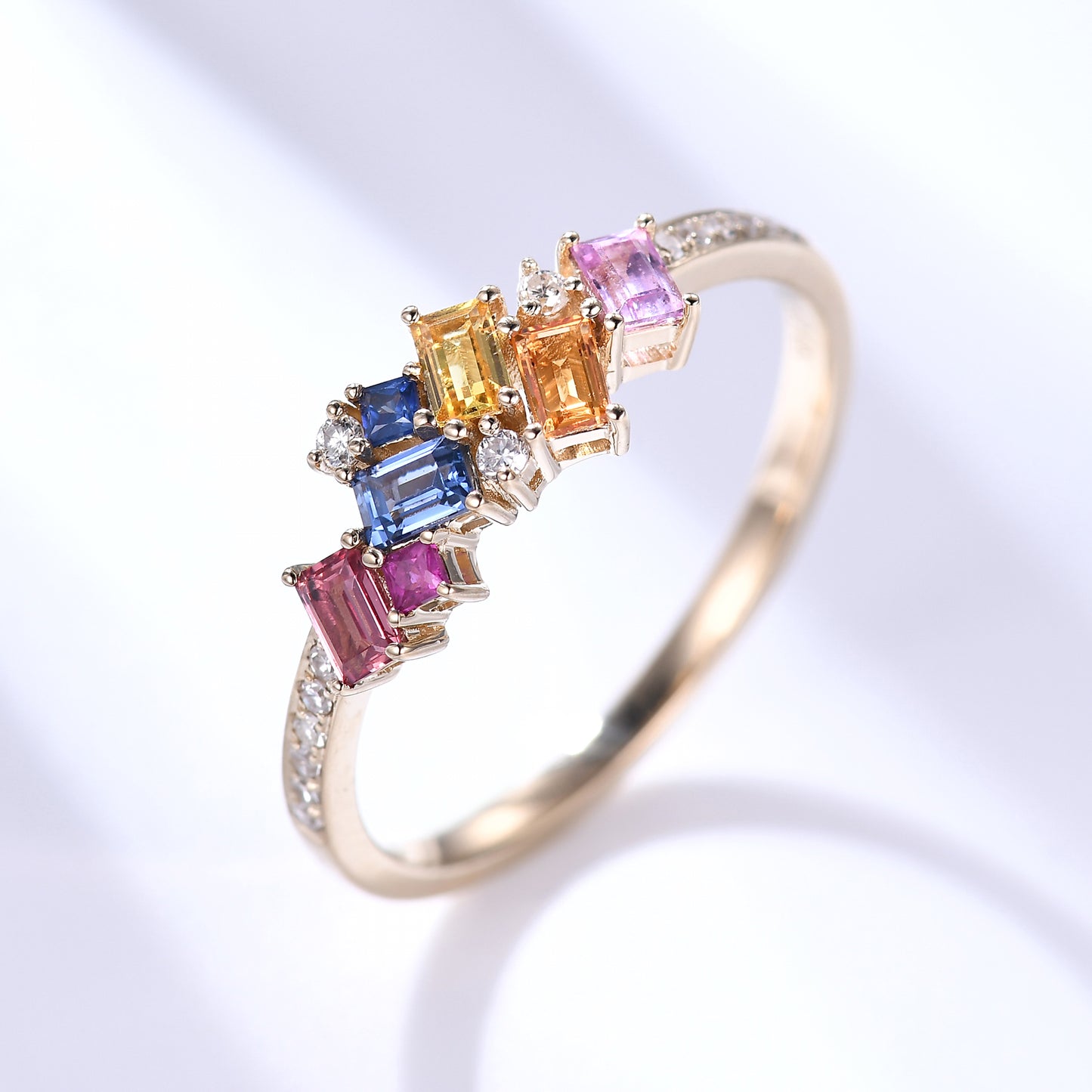 Multi Color Rainbow Cluster Sapphire Diamond Gold Wedding Rings For Women