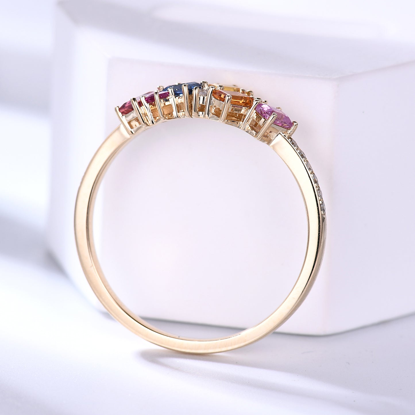 Multi Color Rainbow Cluster Sapphire Diamond Gold Wedding Rings For Women