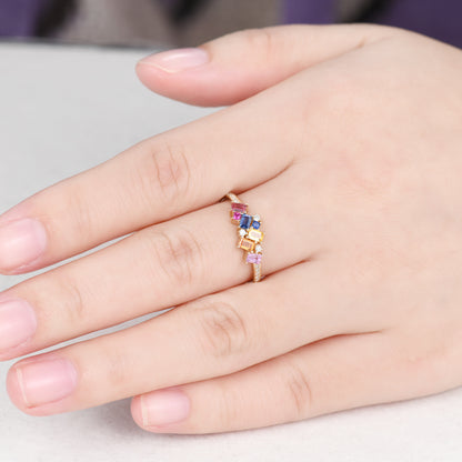 Multi Color Rainbow Cluster Sapphire Diamond Gold Wedding Rings For Women