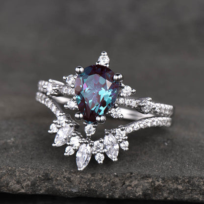 5x7mm Pear Shaped Alexandrite Diamond Engagement Ring-BBBGEM Alexandrite Bridal Set