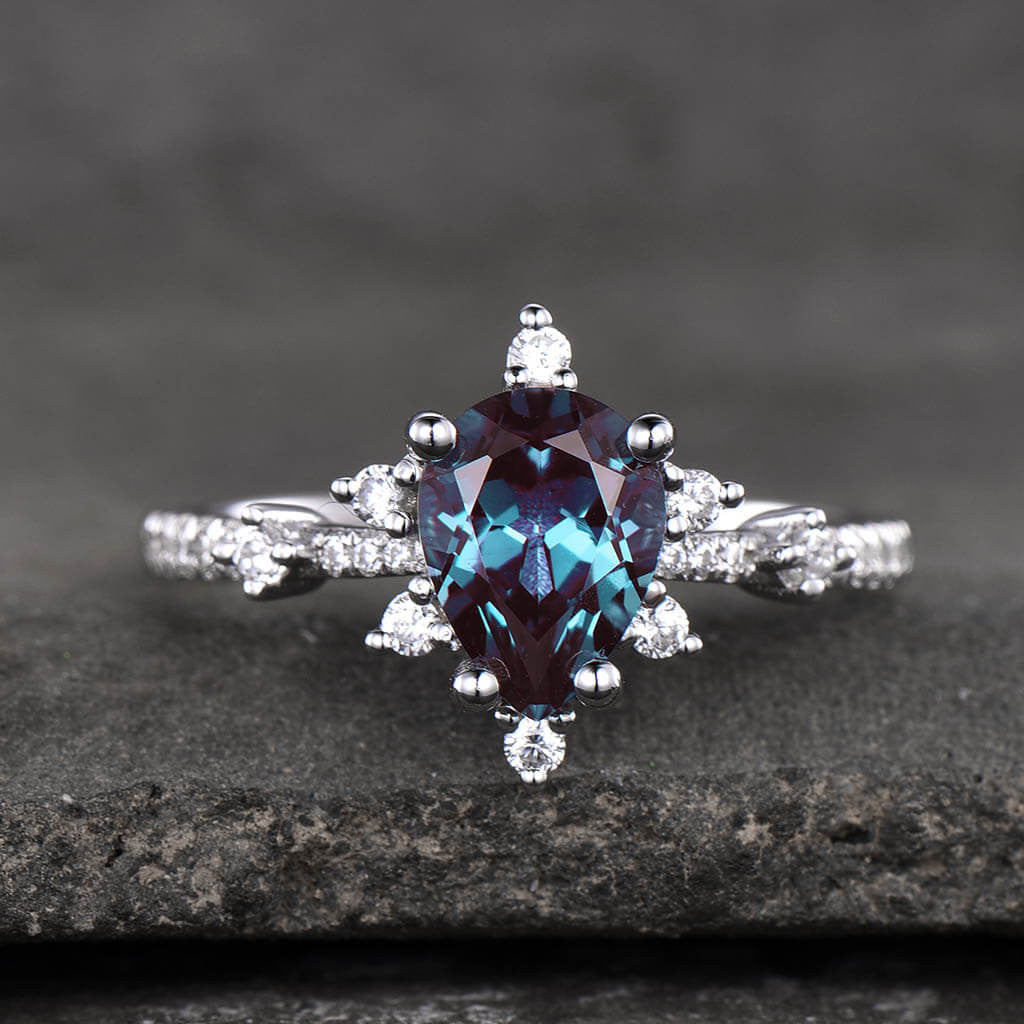 art deco alexandrite engagement ring set 04- BBBGEM Pear Shaped Alexandrite Ring