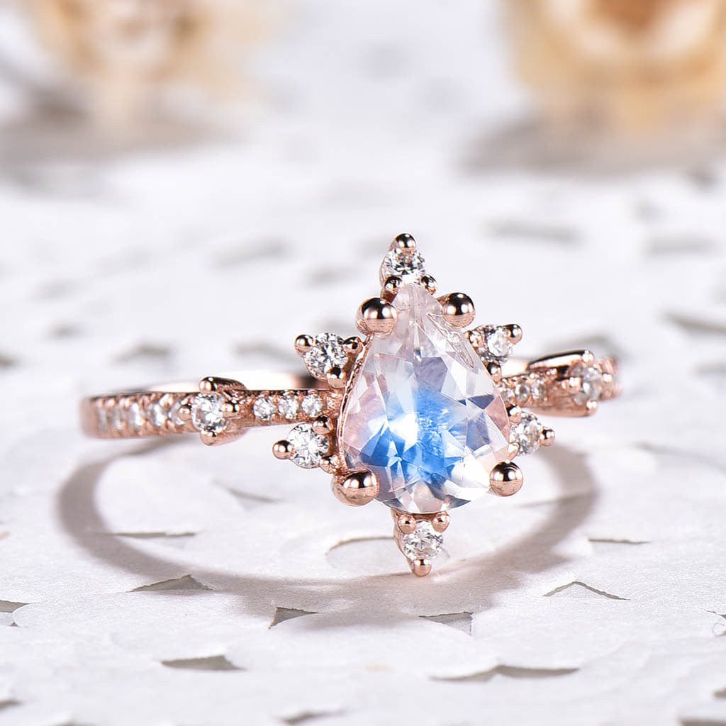 Rainbow Moonstone Engagement Ring-BBBGEM Faceted Moonstone Prong Ring