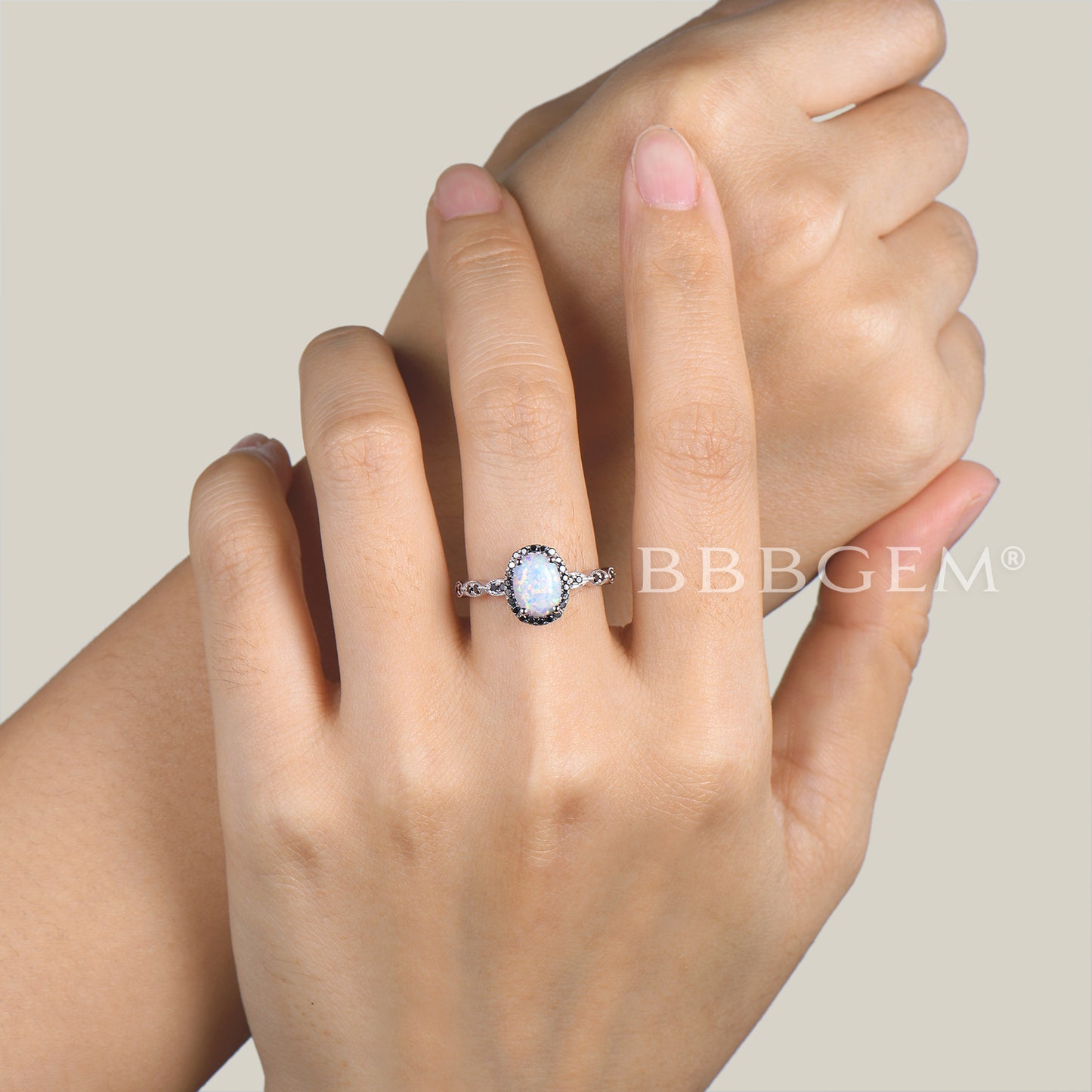 Unique Opal and Black Diamond Engagement Ring Rose Gold Art Deco Milgrain