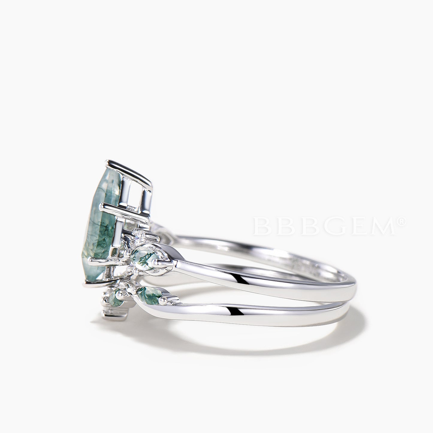 Kite Cut Natural Moss Agate Engagement Ring Agate Diamond Bridal Set