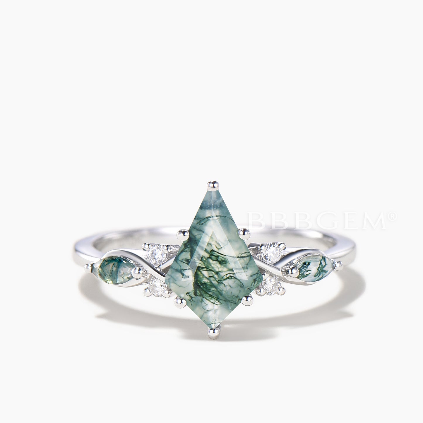 Kite Cut Natural Moss Agate Engagement Ring Agate Diamond Bridal Set