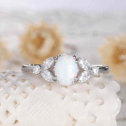 Art Deco Verbena Opal Moissanite Diamond Engagement Ring Marquise Antique