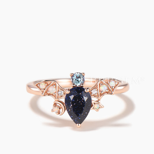 Pear Cut Blue Sandstone Bat Engagment Ring Alexandrite Opal Accent Ring