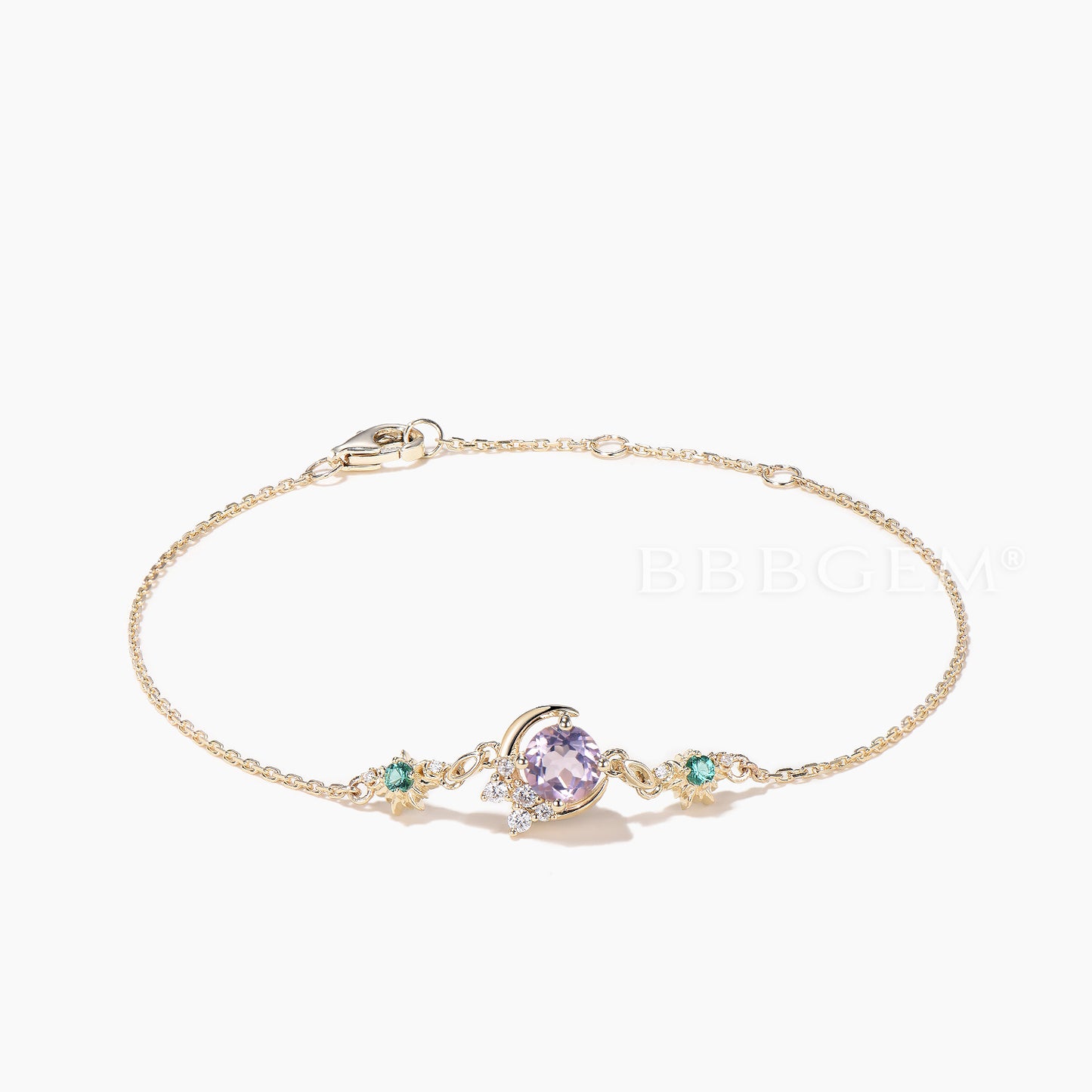 Round Cut Natural Lavender Amethyst Moon Bracelet Emerald Sun Wedding Bracelet