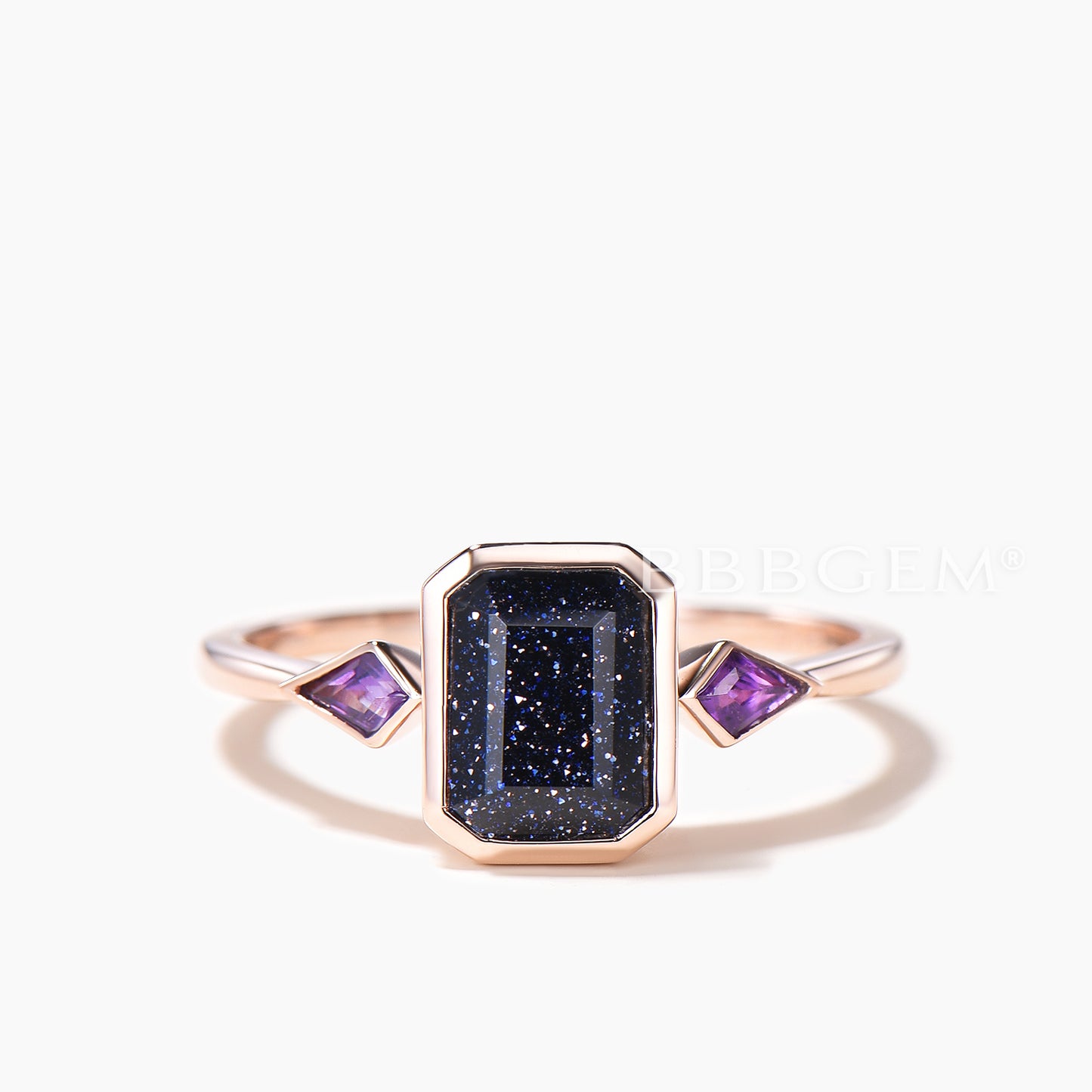 Emerald Cut Blue Sandstone Bezel Setting Engagement Ring Amethyst Three Stone Ring
