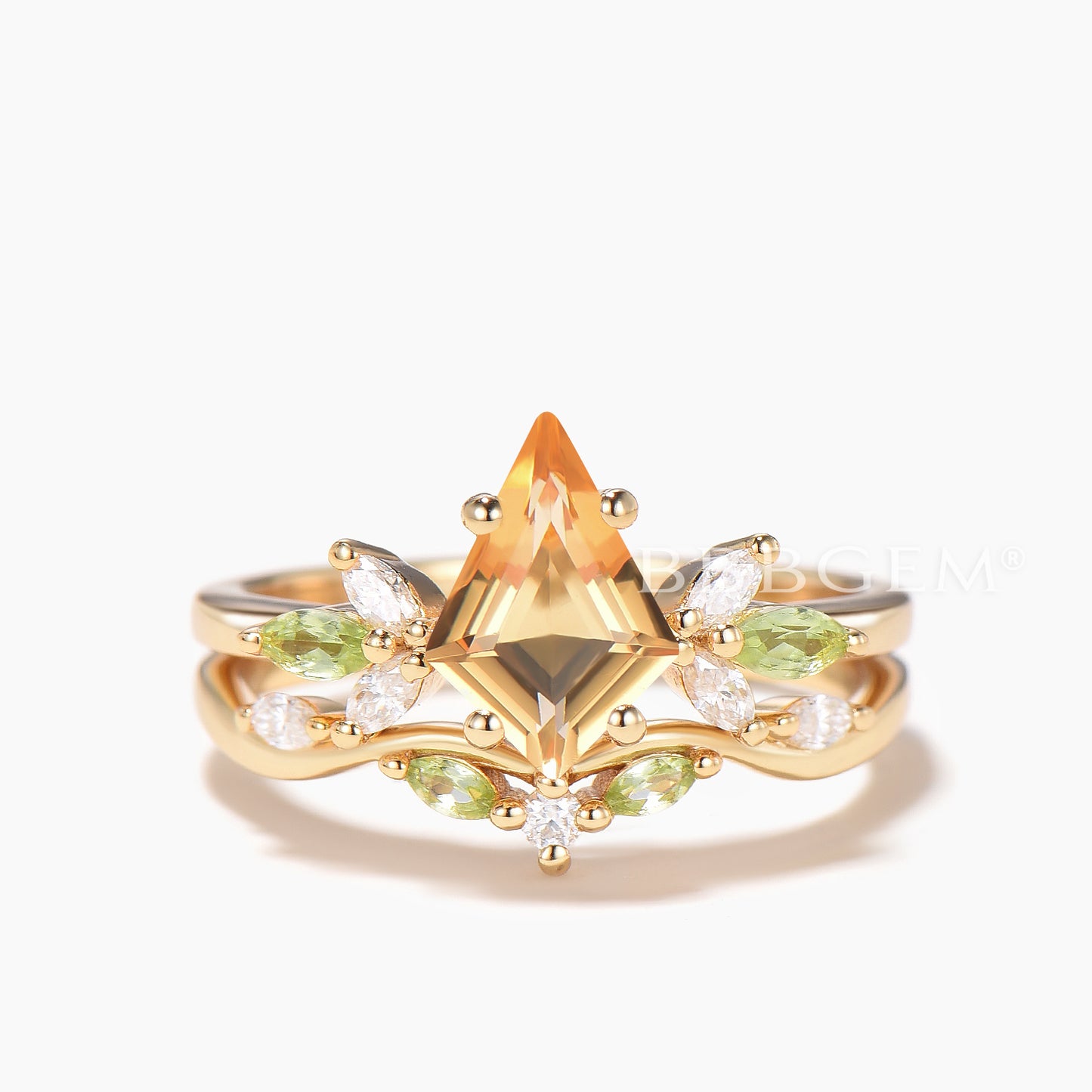 Kite Cut Natural Citrine Engagement Ring Peridot Diamond Curved Band Ring Set
