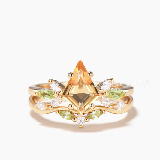 Kite Cut Natural Citrine Engagement Ring Peridot Diamond Curved Band Ring Set