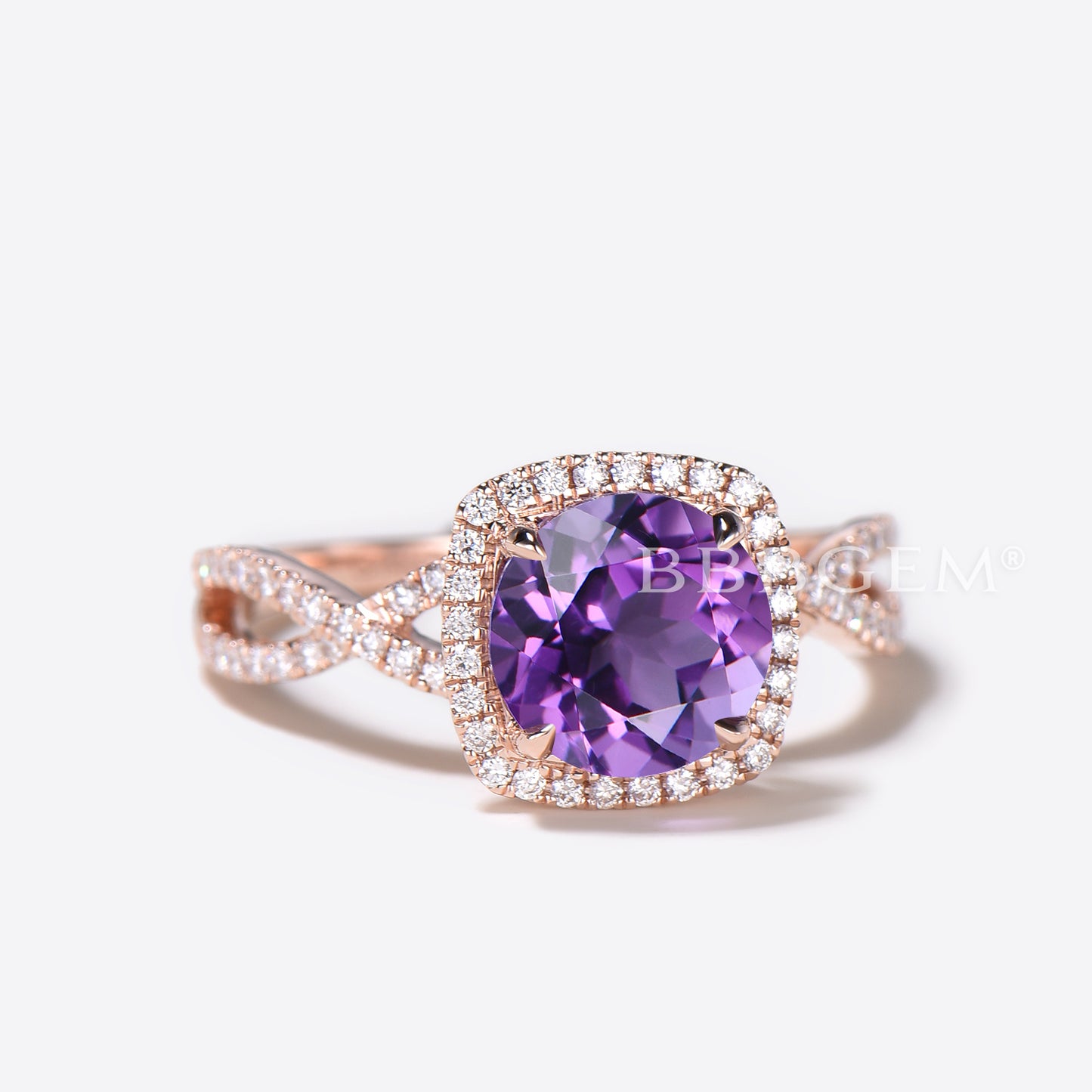 Twisted Round Cut Natural Amethyst Engagement Ring Split Shank Diamond Halo Wedding Ring