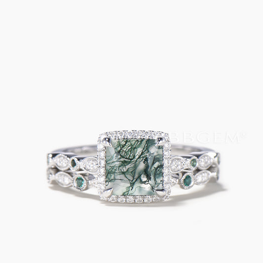 Princess Cut Natural Moss Agate Diamond Halo Ring Emerald Band Bridal Set