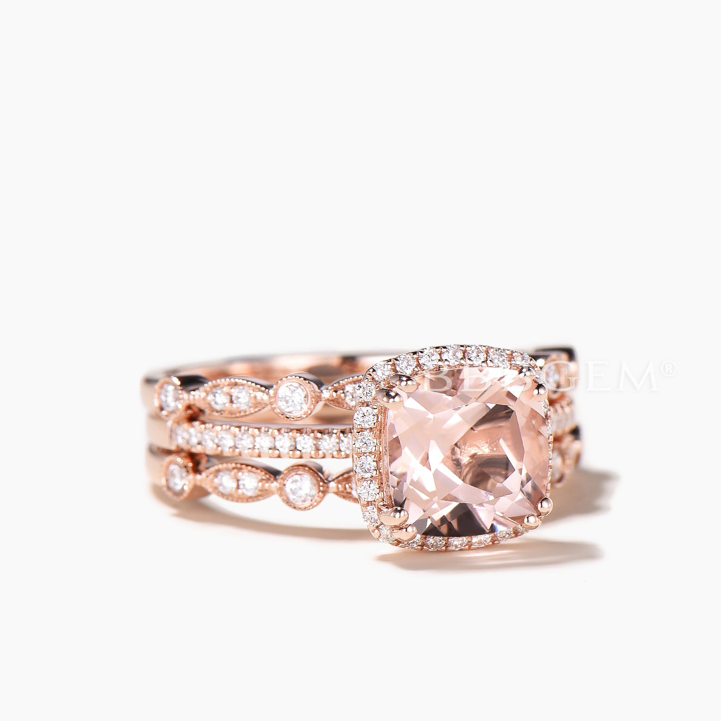 2.4 Carat Cushion Cut Peach Morganite Wedding Set Diamond Bridal Ring 14k Rose Gold Art Deco Half Eternity Band