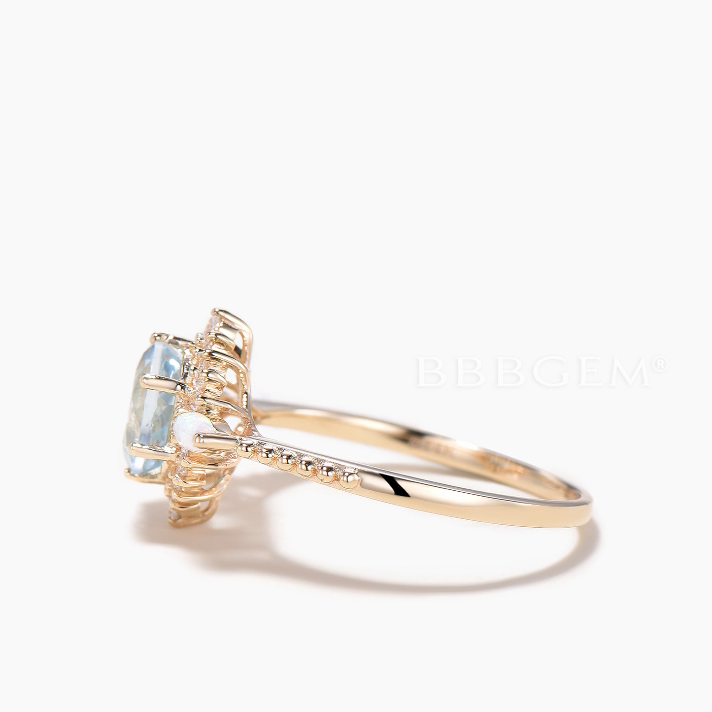 Round Cut Natural Aquamarine Wedding Ring Diamond Halo Opal Accent Ring