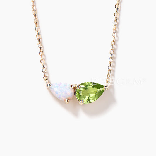 Teardrop Cut Peridot Opal Necklace Toi et Moi Yellow Gold Wedding Pendant