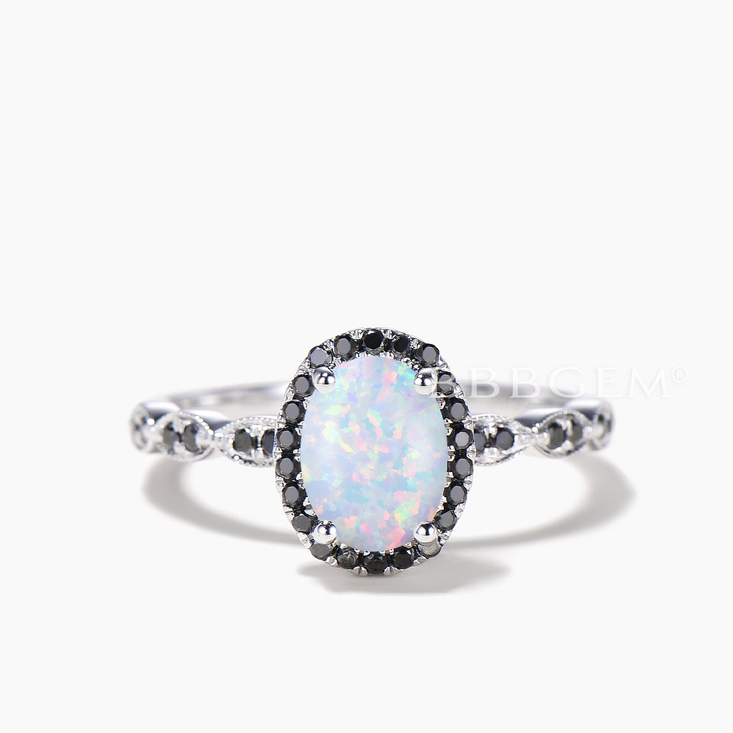 Unique Opal and Black Diamond Engagement Ring Rose Gold Art Deco Milgrain
