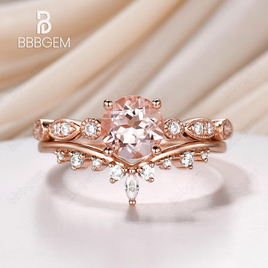 Natural Morganite Engagement Ring Set Art Deco Diamond Band 6.5mm Round Morganite Women Stacking Ring Unique Anniversary Bridal Ring