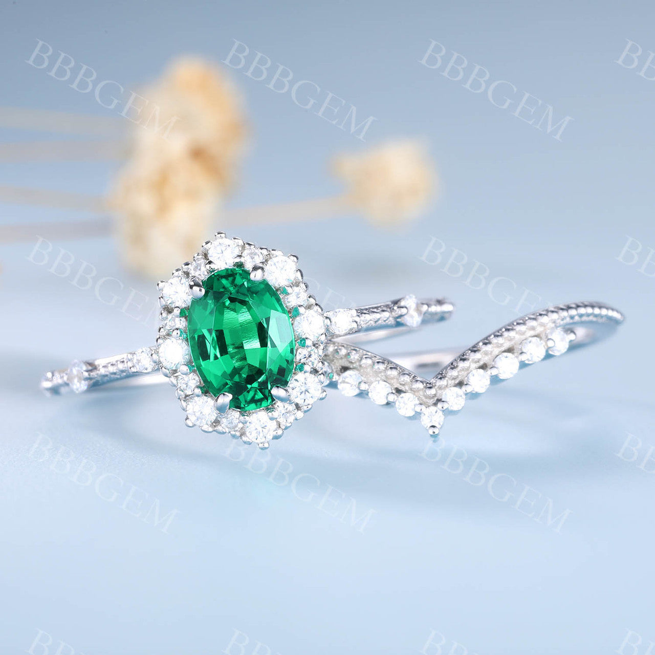 Columbia Emerald Bridal Set Unique Engagement Ring Green Gemstone Ring