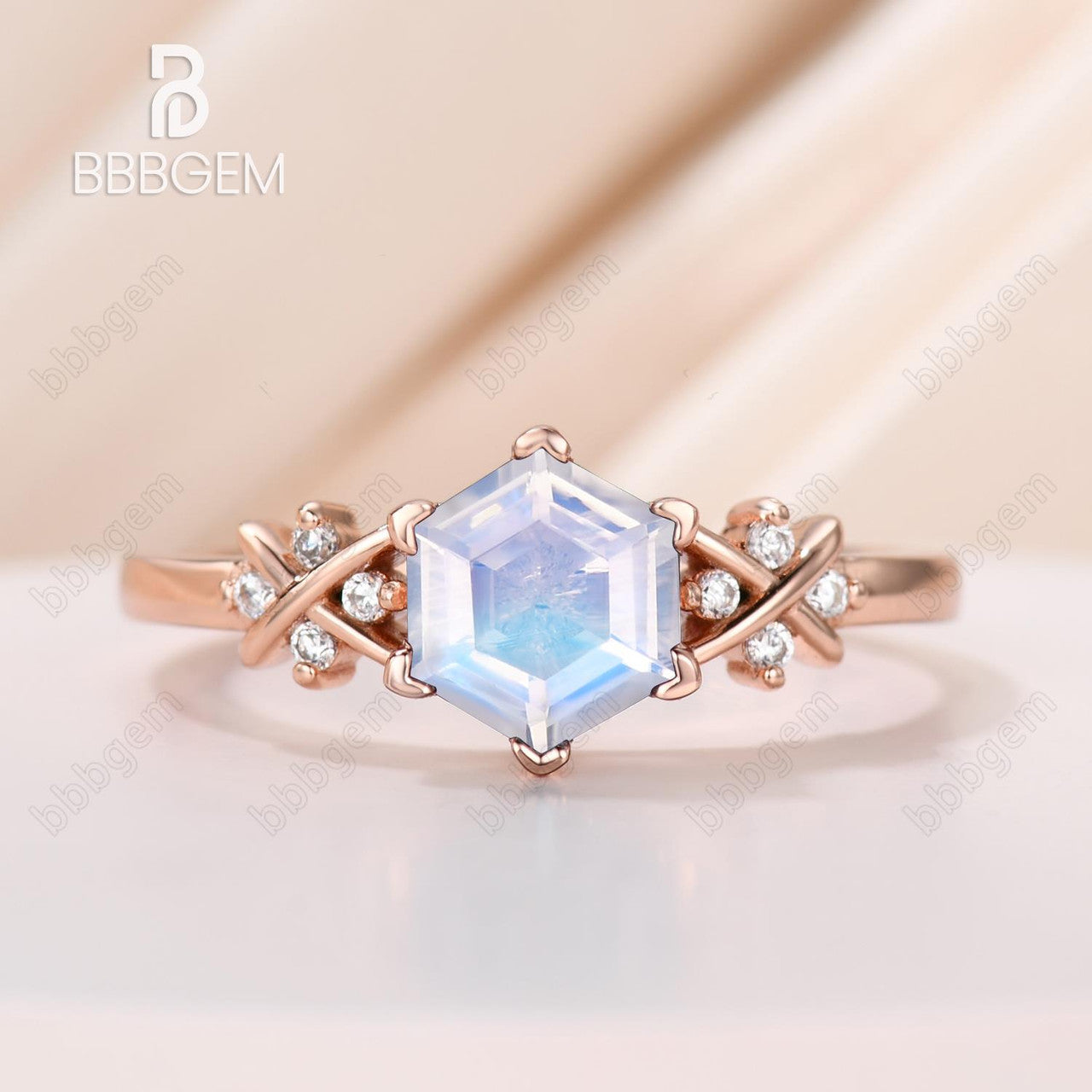 Rainbow Hexagon Moonstone Engagement Ring Art Deco Hexagon Set Moonstone Ring Rose Gold Solid