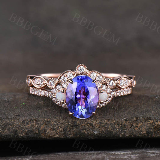 three stone opal tanzanite ring-BBBGEM three stone tanzanite blue bridal ring set