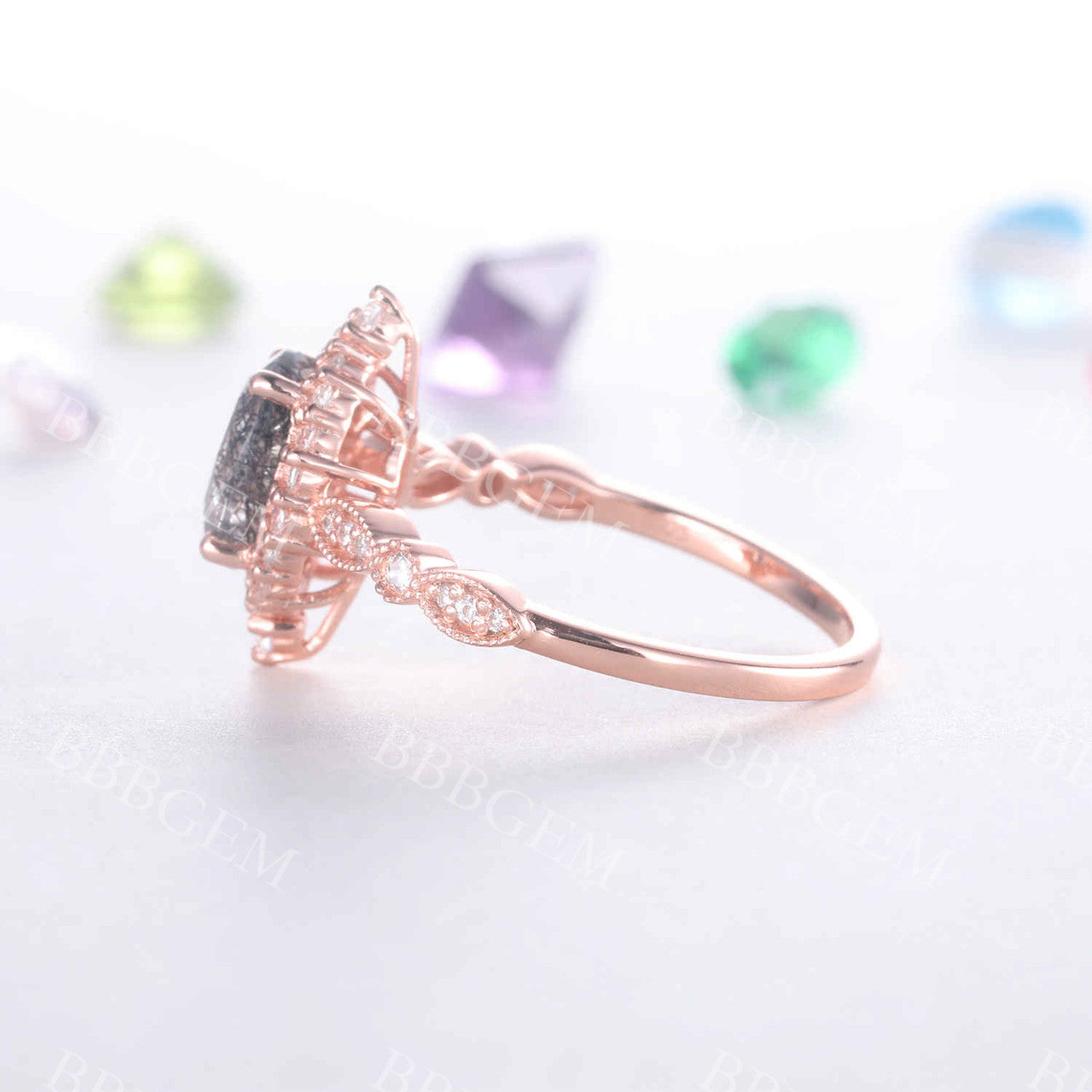 Black Rutilated Quartz Engagement Ring Rose Gold