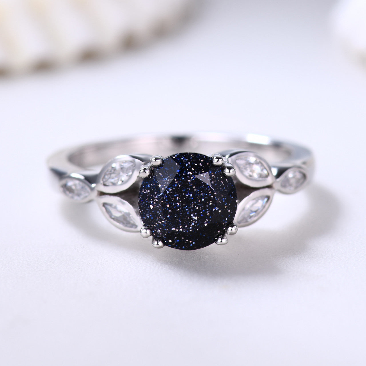 Marquise Shaped Moissanite-BBBGEM Blue Sandstone Ring