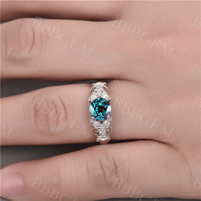 Vintage Floral Alexandrite Engagement Ring White Gold Diamond Wedding Ring Gift For Her