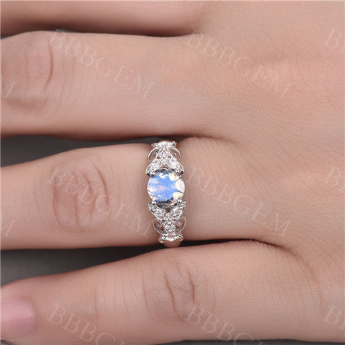 Round Moonstone Engagement Ring White Gold Diamond Floral Eternity Band Gift For Her