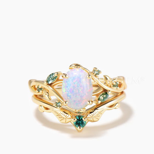 Oval Cut Opal Moss Agate Accent Wedding Ring Emerald Leaf Nature Inpired Ring Set