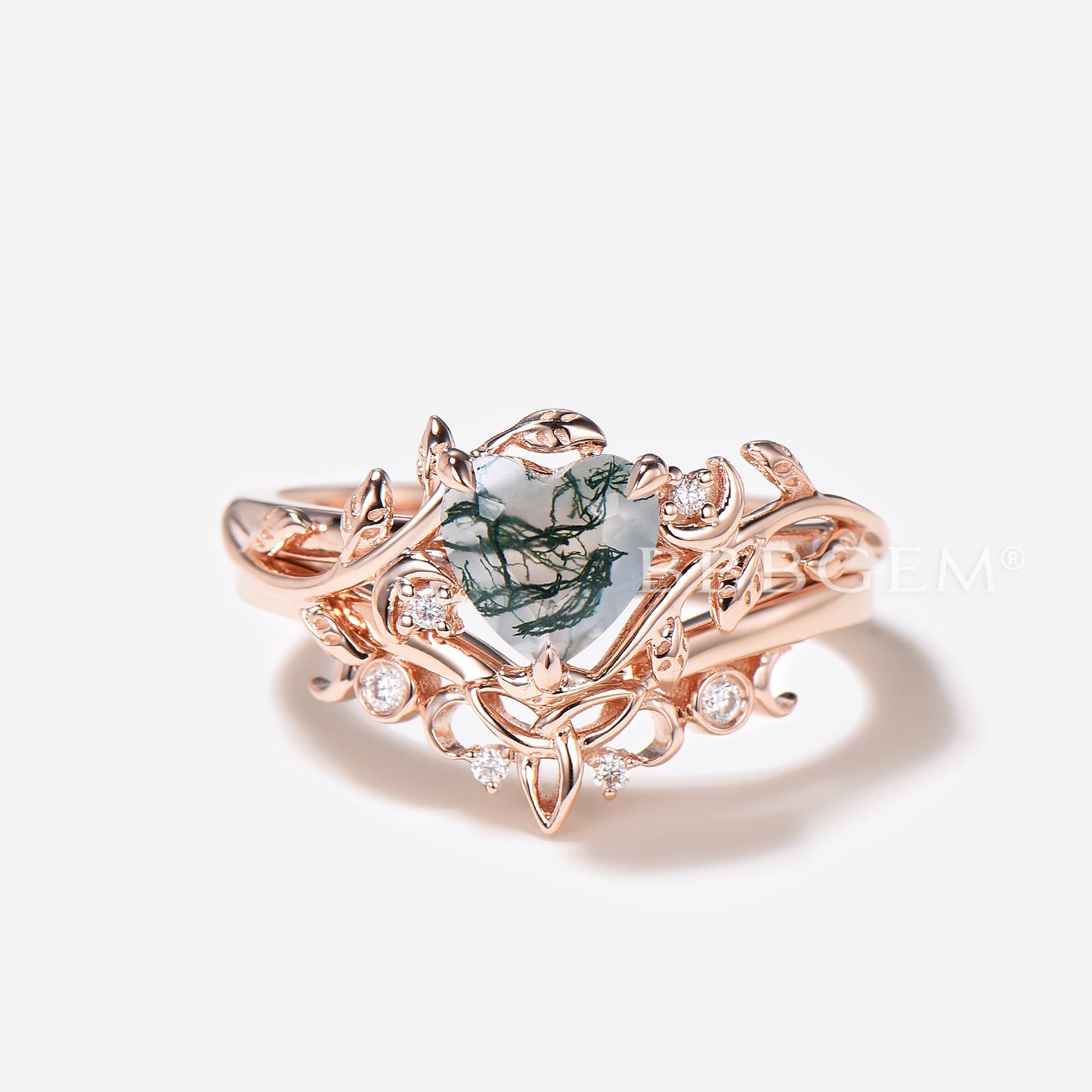 Heart Shaped Moss Agate Engagement Ring Set Moon Leaf Wedding Ring