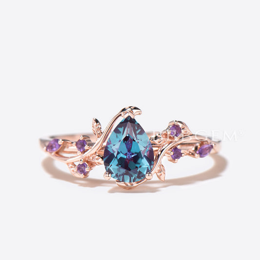 Twig Leaf Pear Color-Change Alexandrite Ring Nature Inspired Amethyst Ring