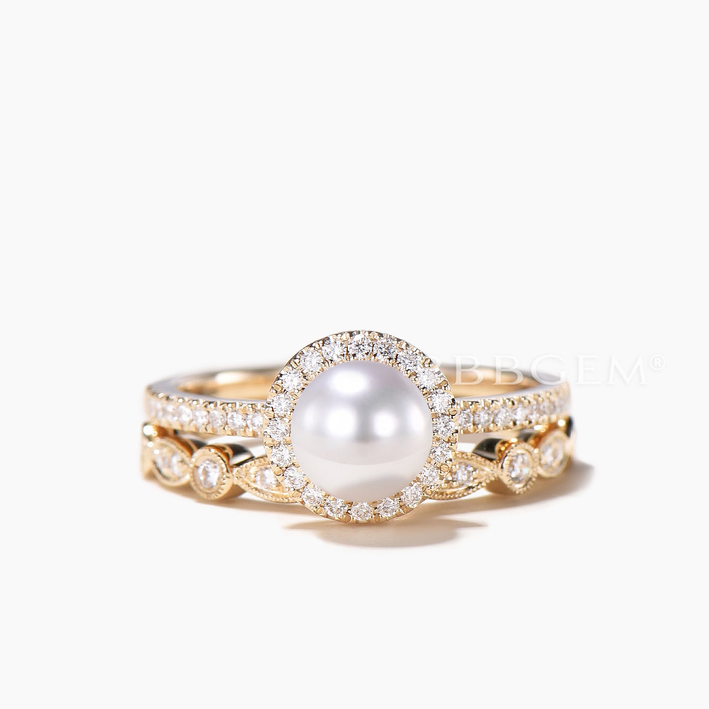 Akoya Pearl Engagement Ring Rose Gold Art Deco Wedding Band Women Antique Bridal Sets Wedding Anniversary Promise Halo Diamond Eternity 2pcs
