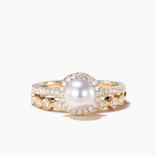 Akoya Pearl Engagement Ring Rose Gold Art Deco Wedding Band Women Antique Bridal Sets Wedding Anniversary Promise Halo Diamond Eternity 2pcs