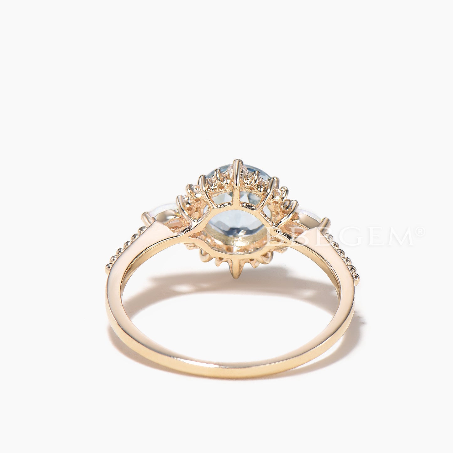 Round Cut Natural Aquamarine Wedding Ring Diamond Halo Opal Accent Ring